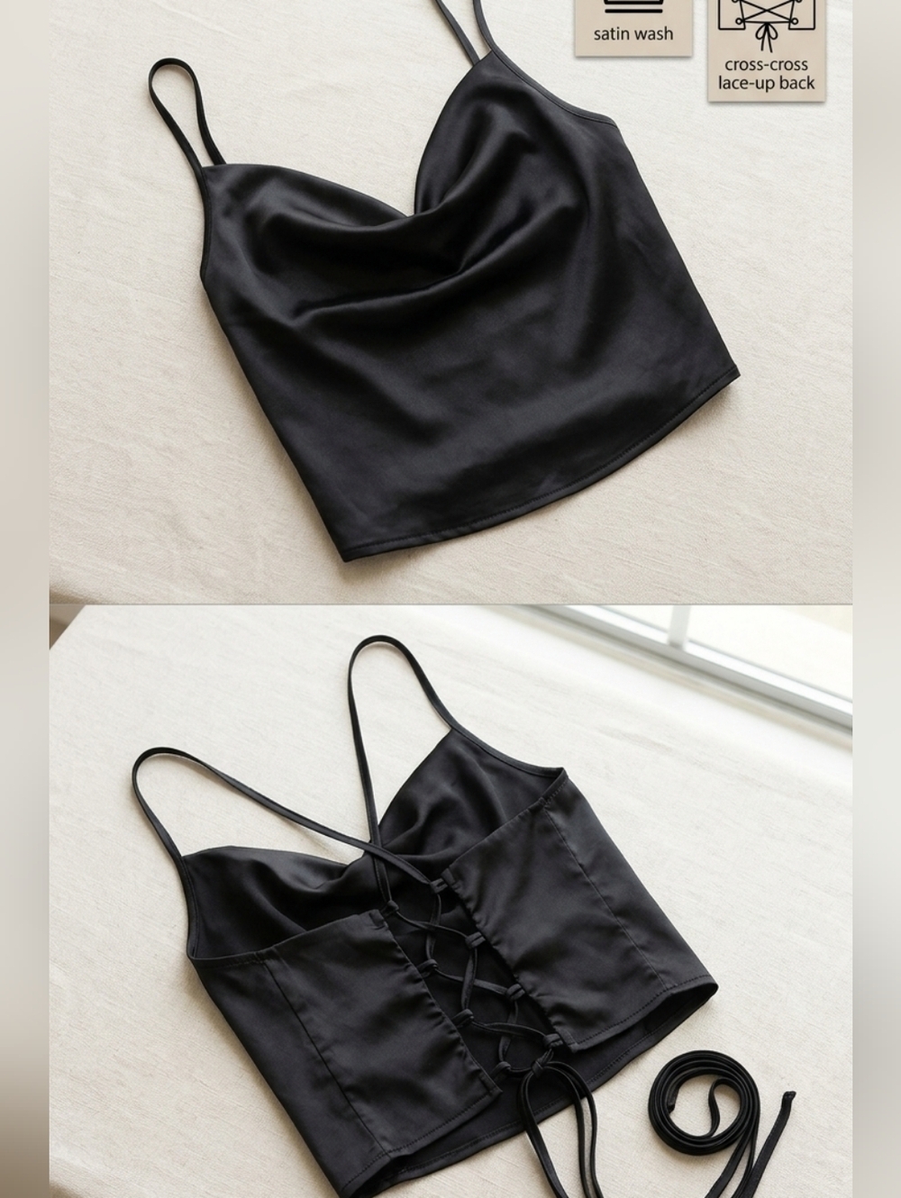 Black Satin Cowl Neck Lace-Up Back Cami Top